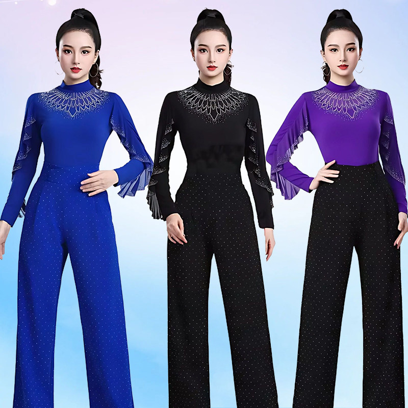 新款小高领烫钻广场舞上衣女荷叶边袖摩登舞吉特巴演出服表演穿搭