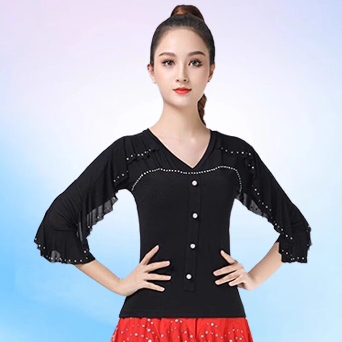 摩登舞上衣女V领新款舞衣长袖