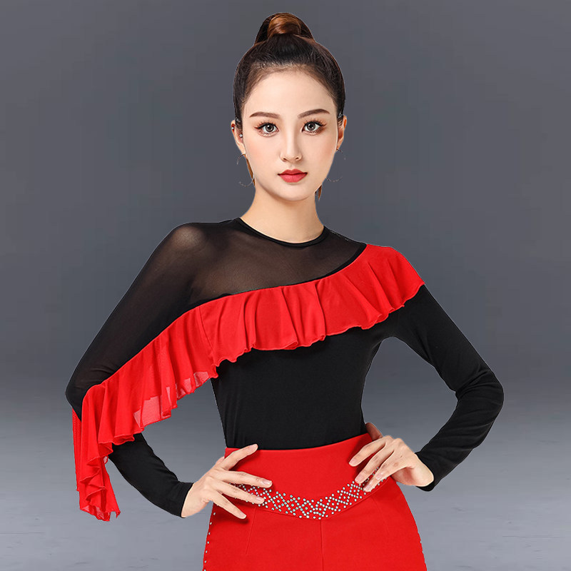 摩登舞上衣女圆领新款舞衣荷叶边