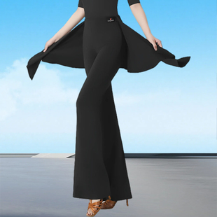 时尚拉丁舞裤女新款高腰微喇叭裤子练功摩登舞假两件裤国标舞长裤