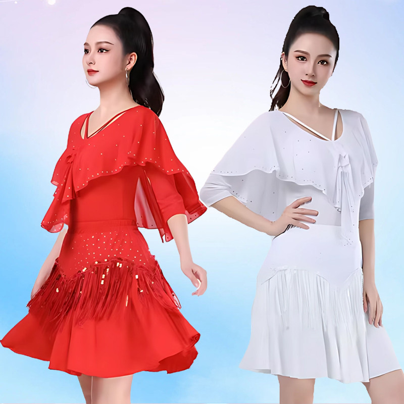 拉丁舞演出服女新款烫钻流苏短裙子水兵舞广场舞表演服装跳舞蹈服