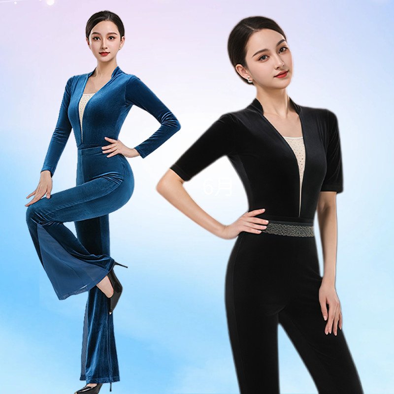 金丝绒高端现代舞女中长袖套装