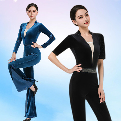 金丝绒高端现代舞女中长袖套装