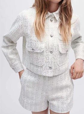 梦回80年代的纸醉金迷~法国牌小香风亮片粗花呢外套+高腰短裤套装