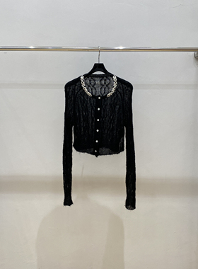 珍珠装饰圆领微透视 高质量幼年马海毛开衫 短款修身 适合瘦子