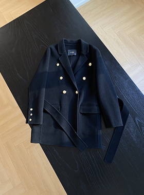 法系版型 经典黑金双排扣小个子中长款双面手工羊毛大衣