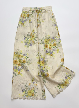 亚麻小黄花刺绣印花阔腿裤  休闲裤