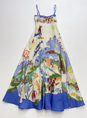 时尚甜美印花吊带高腰蓝色长款连衣裙