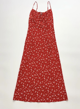 法式度假风纯欲红色长款碎花吊带连衣裙女2025夏新款沙滩裙
