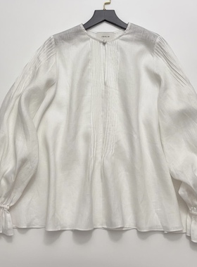 宽松亚麻白色打条喇叭袖衬衫上衣