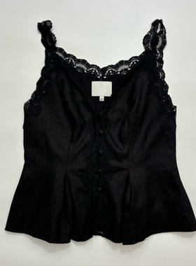 法式蕾丝边拼接伞摆前开扣系带亚麻百搭吊带背心