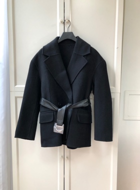 法式女装时尚翻领系带黑色毛呢外套上衣小个子