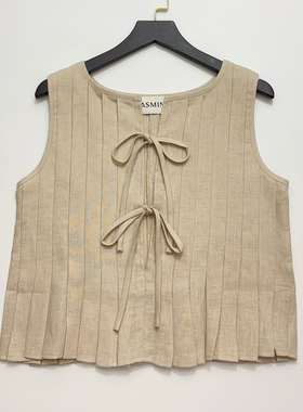 亚麻褶裥系带镂空无袖上衣