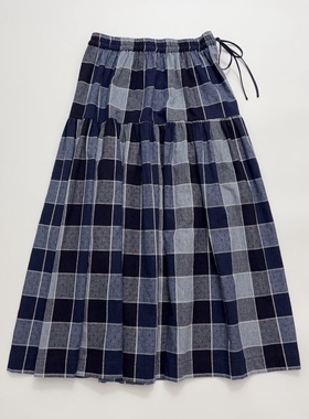 蓝色格纹半裙复古日系纯棉宽松大摆裙