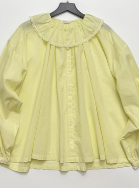 明媚亮黄色～纯色蕾丝荷叶花边翻领法式V领泡泡袖衬衫