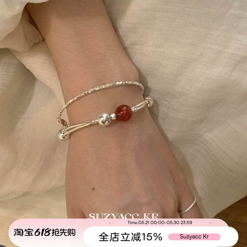 suzyacc kr轻奢简约红玛瑙纯银双层手链女早秋复古气质高级感手饰
