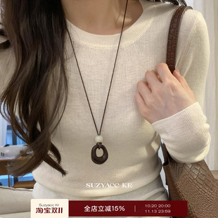 suzyacc kr镂空木质圆形吊坠长项链女复古简约通勤百搭高级毛衣链