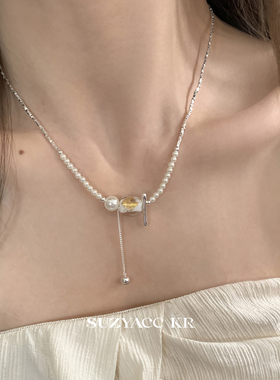 suzyacc kr金箔水晶珍珠碎银拼接项链2025新款轻奢小众高级锁骨链