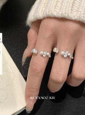 suzyacc kr气质高级仿珍珠合成锆石开口戒指轻奢小众设计感食指戒