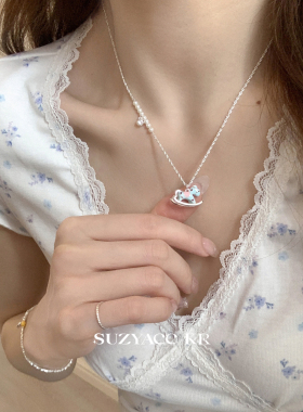 suzyacc kr小众设计蓝色滴釉木马项链少女甜美ins风叠戴锁骨链