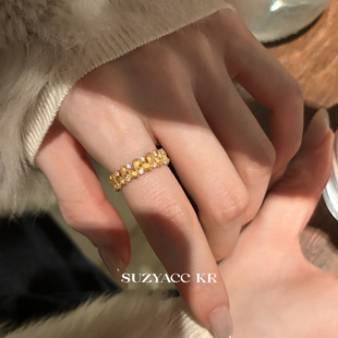 suzyacc kr宫廷复古金色麦穗合成锆石戒指轻奢质感通勤个性食指戒