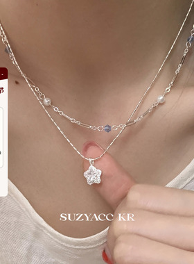 suzyacc kr合成锆石星星吊坠双层串珠项链温柔气质小众高级锁骨链