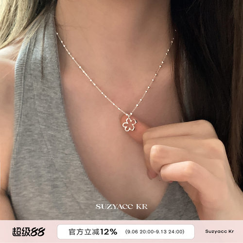 suzyacc kr纯银镂空花朵吊坠项链轻奢气质小众高级感毛衣链颈链女