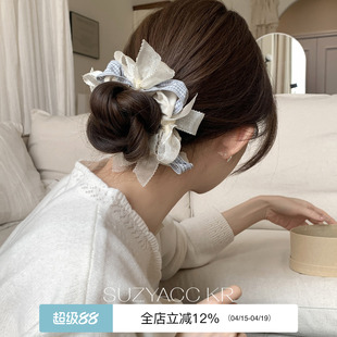 suzyacc kr网纱蕾丝边蝴蝶结大肠圈春夏小清新高级感低马尾盘发圈