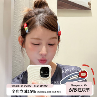 suzyacc kr可爱童趣撞色苹果牛仔发夹刘海夹小众设计ins个性边夹