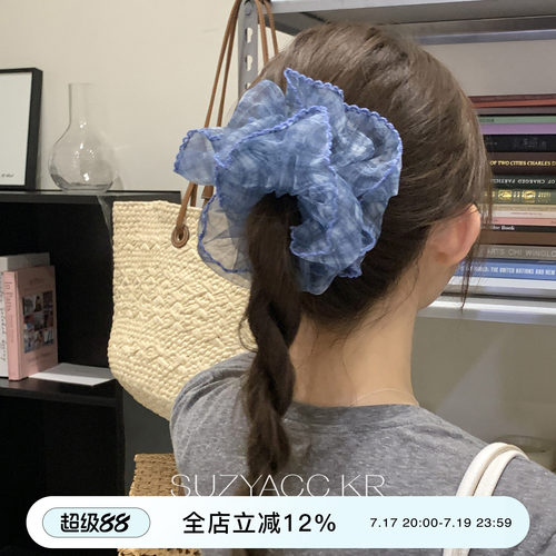 suzyacc kr复古小清新显白蓝色花边网纱发圈女高级感丸子头发饰