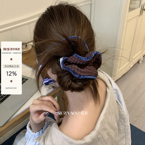 suzyacc kr复古丝绒格子发圈氛围感撞色高级小肠圈盘发皮筋头绳女