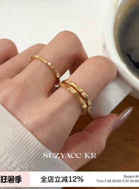 suzyacc kr合成锆石竹节戒指小众设计通勤百搭开口食指戒时尚指环