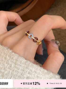 suzyacc kr复古气质滴釉水钻圆环戒指女小众设计高级感食指戒指环