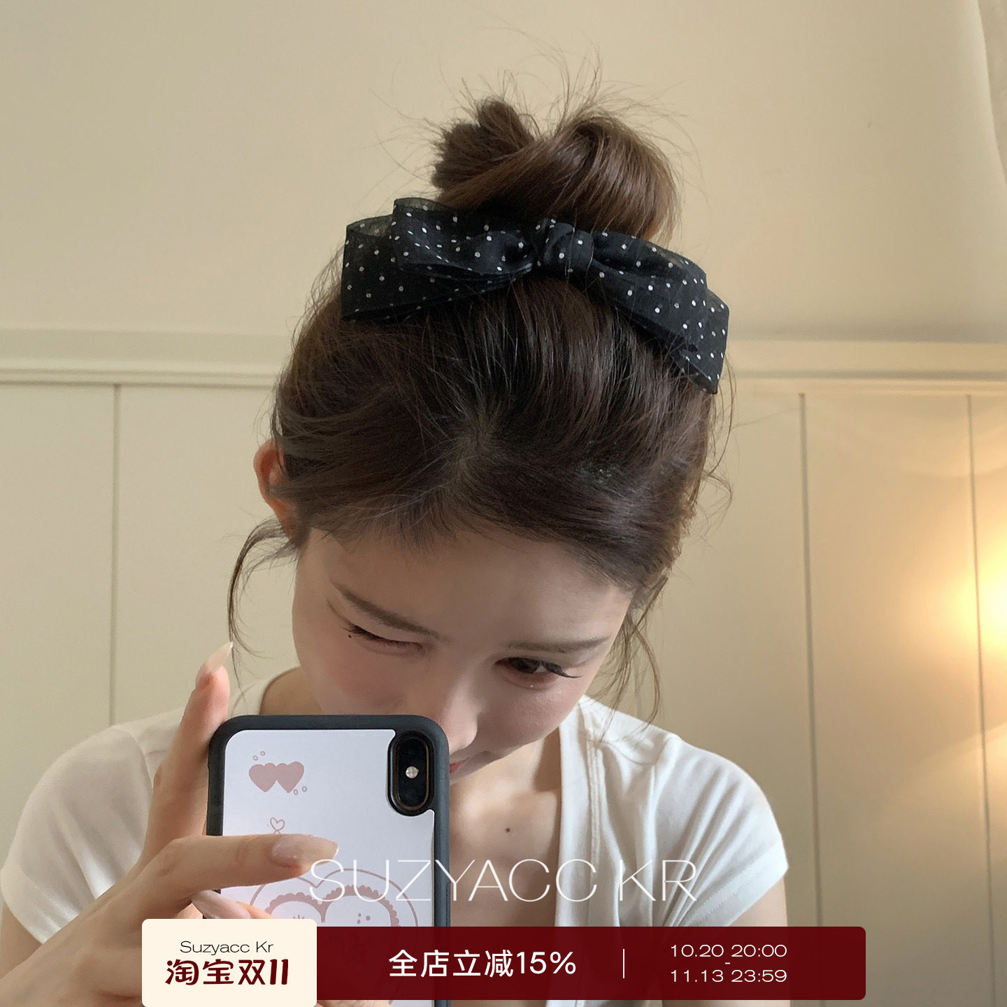 suzyacc kr棉麻波点蝴蝶结发夹高颅顶法式复古百搭弹簧夹气质发饰