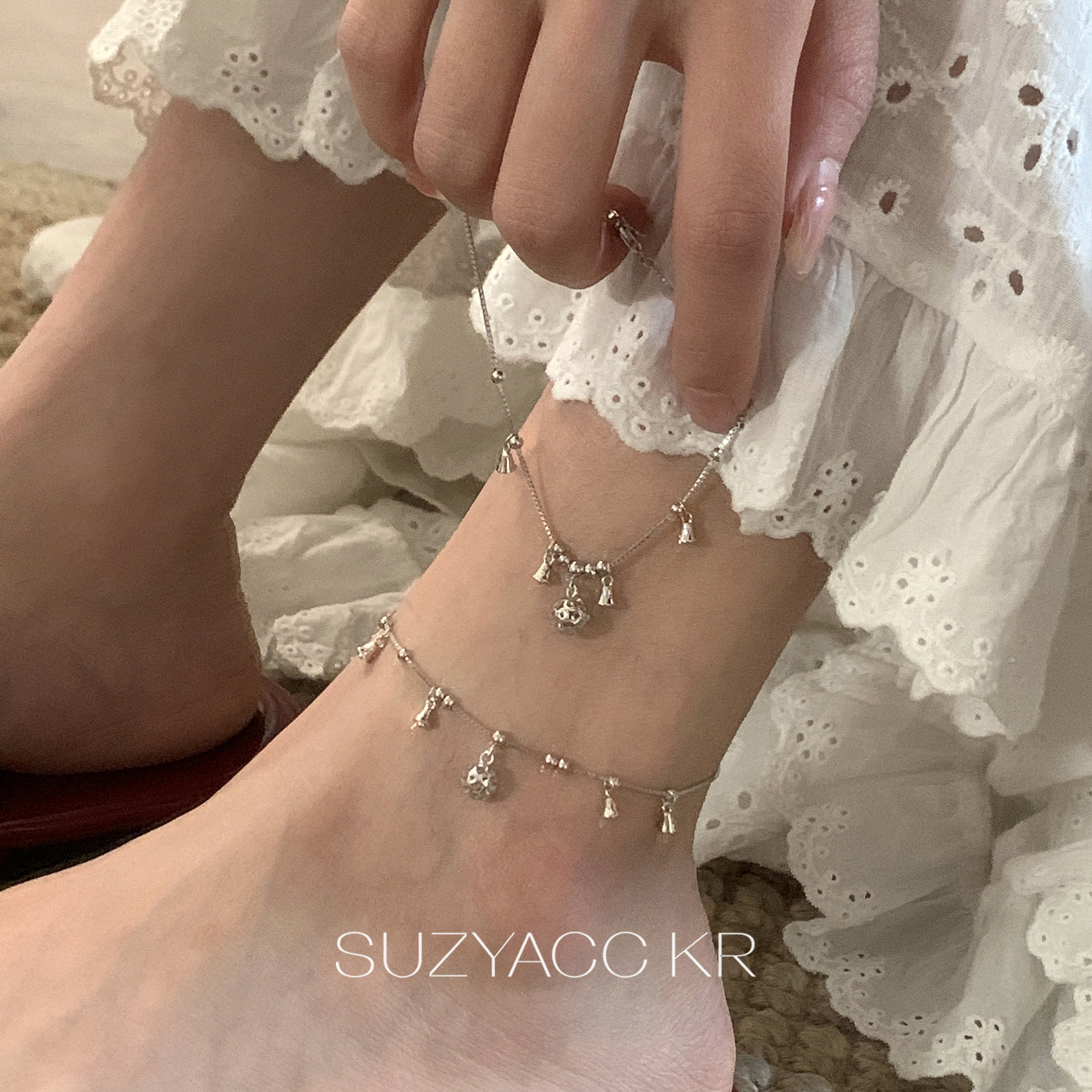 suzyacc kr纯银铃铛两戴脚链小众设计百搭高级感手链简约个性饰品图片