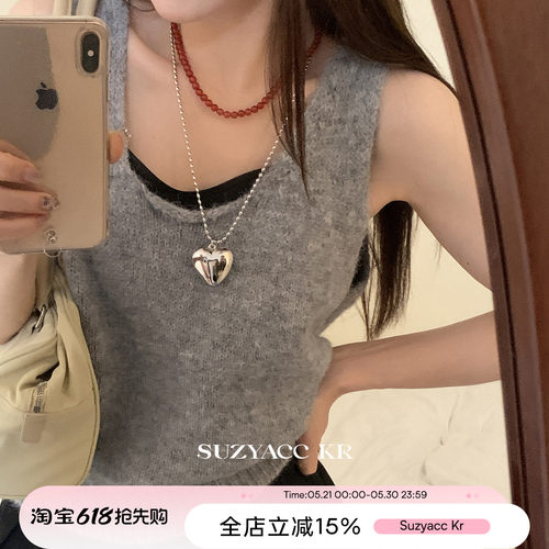 suzyacc kr韩国博主风金属爱心米珠长项链女轻奢小众简约叠戴颈链