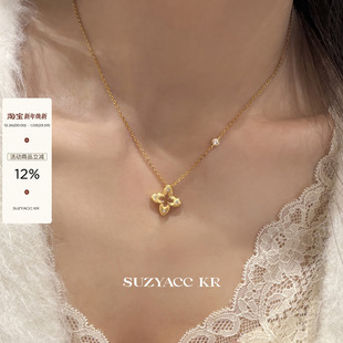 suzyacc kr轻奢小众纯银珠宝毛衣链精工镂空四芒星拉丝项链锁骨链