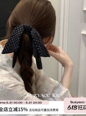 suzyacc kr黑色波点蝴蝶结飘带发圈女通勤复古小众低马尾皮筋头绳