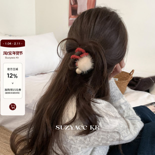 suzyacc kr貂毛毛球电话线皮筋温柔气质小众高级发绳低马尾发圈女