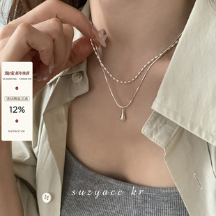ins小众水滴吊坠锁骨链 爆款 suzyacc kr极简纯银双层项链2024新款