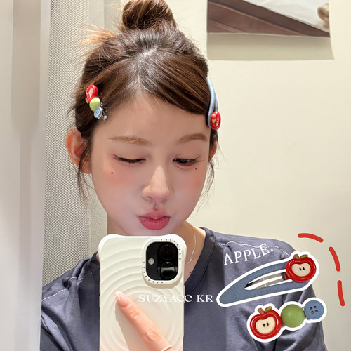 suzyacc kr可爱童趣撞色苹果牛仔发夹刘海夹小众设计ins个性边夹