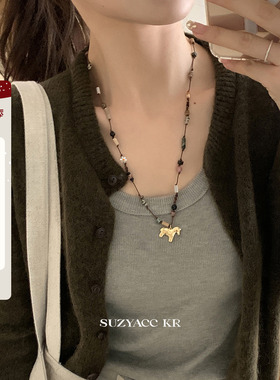 suzyacc kr复古彩色松石串珠小马项链简约小众设计感本命年毛衣链