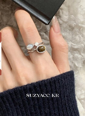 suzyacc kr虎眼石水钻双层戒指小众设计复古高级感食指戒质感指环