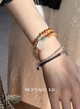 suzyacc kr小狐狸库克双层石榴石纯银叠戴手链女复古小众气质手饰