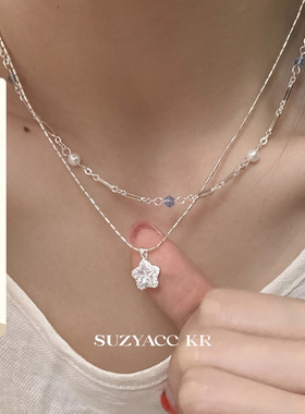 suzyacc kr合成锆石星星吊坠双层串珠项链温柔气质小众高级锁骨链