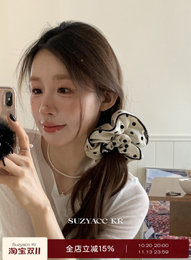 suzyacc kr黑白波点布艺发圈大肠圈法式复古低马尾绑头发皮筋头绳
