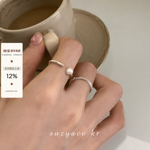 suzyacc 食指戒ins小众设计戒指 kr极简纯银淡水珍珠开口细戒个性
