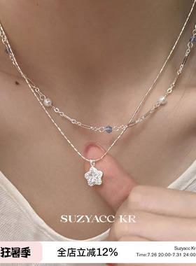 suzyacc kr合成锆石星星吊坠双层串珠项链温柔气质小众高级锁骨链