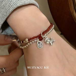 suzyacc kr马上有钱纯银小马吊坠双层手链红玛瑙轻奢小众精致手饰