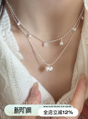 suzyacc kr春夏小众爱心吊坠叠戴项链超闪水钻显白锁骨链精致颈链
